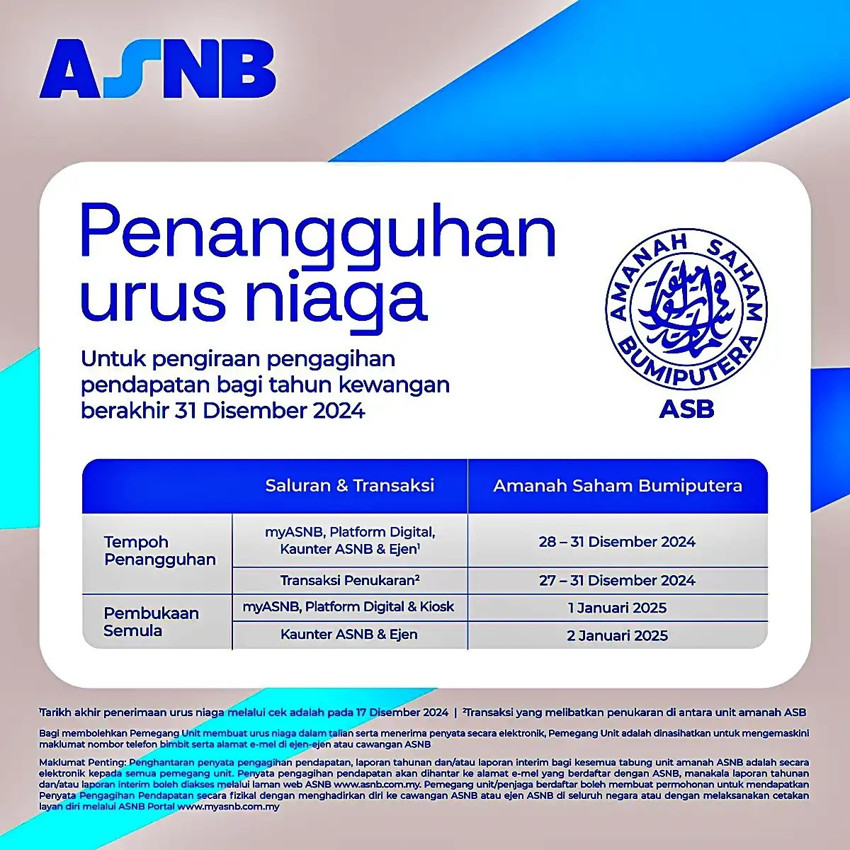 tarikh penangguhan urusniaga asb 2024
