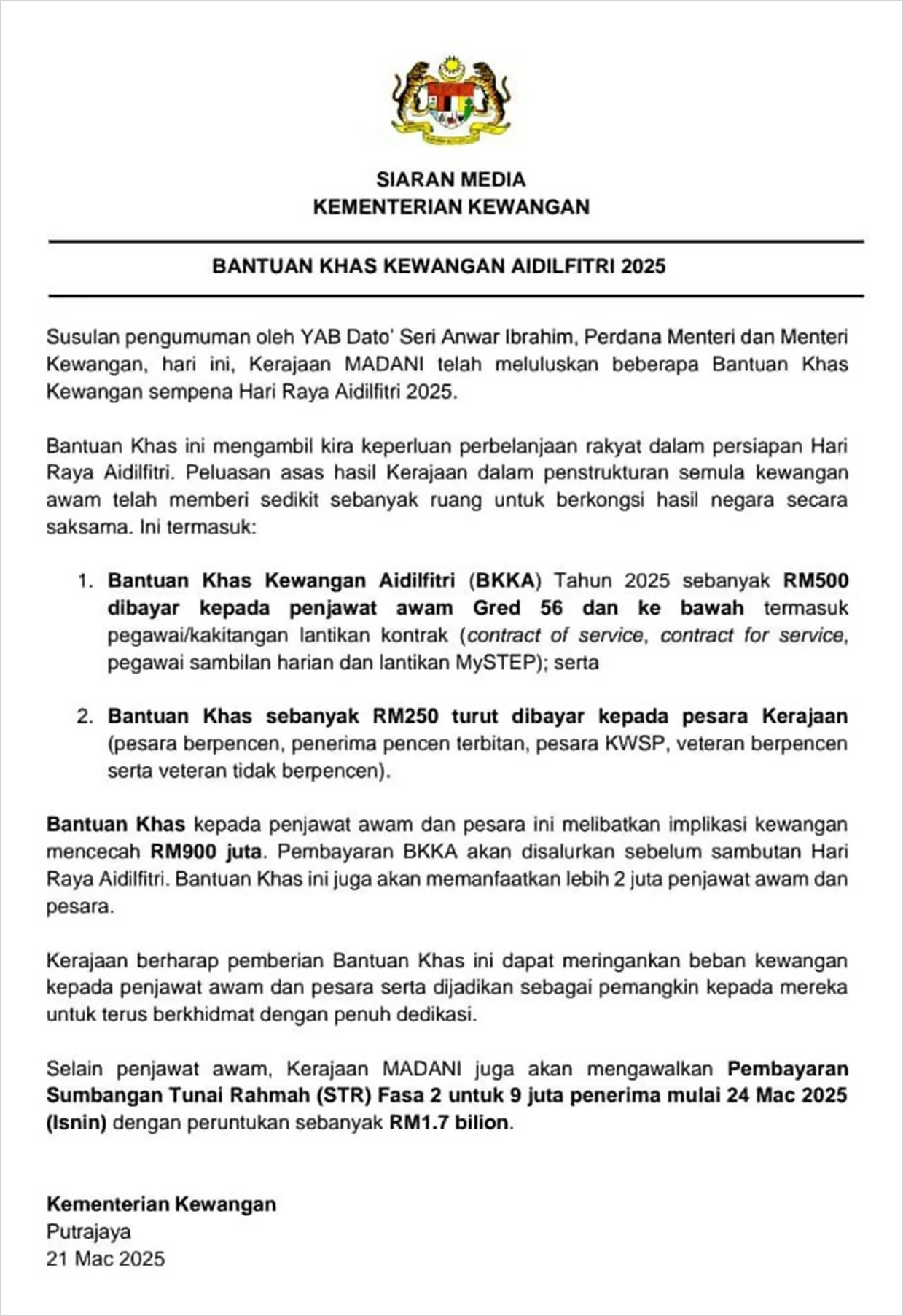 kenyataan duit raya penjawat awam aidilfitri 2025