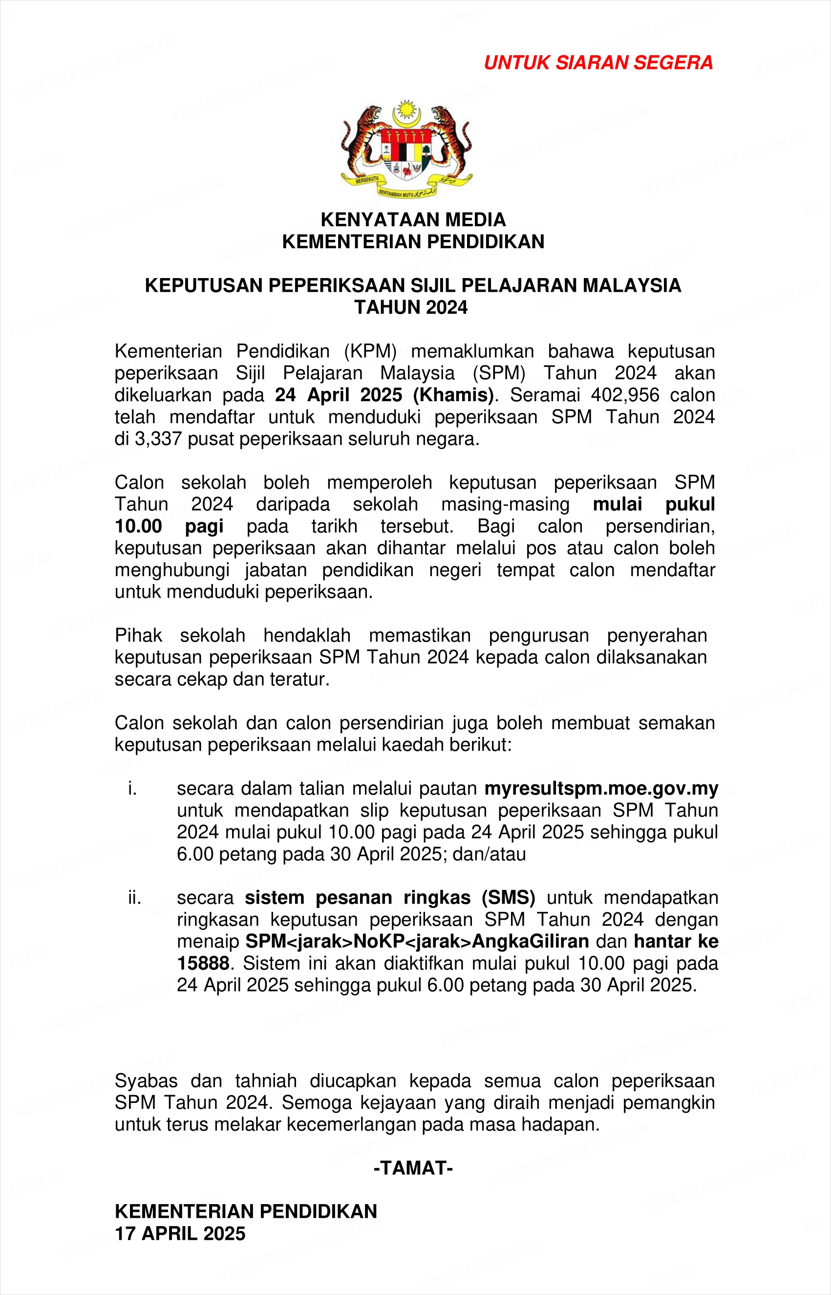 kenyataan kpm keputusan spm 2024